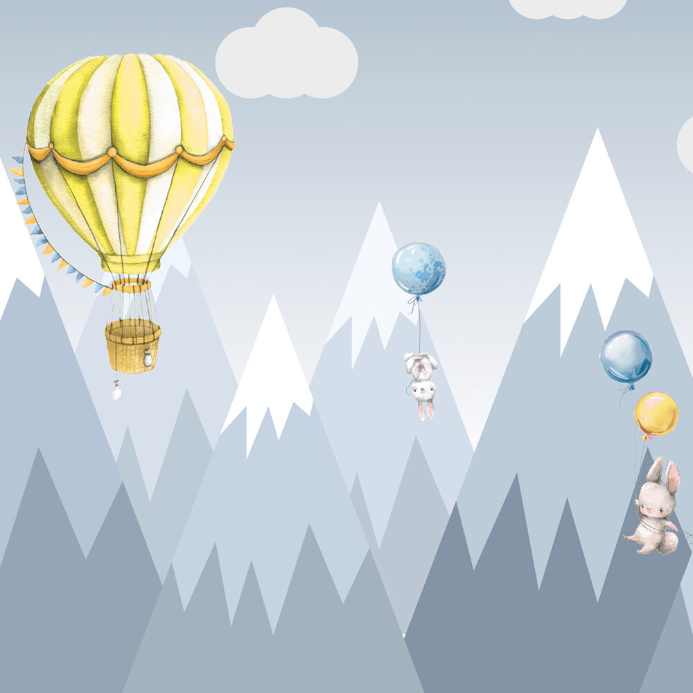 Carta da parati bambini Montagne con palline gialle e coniglietti