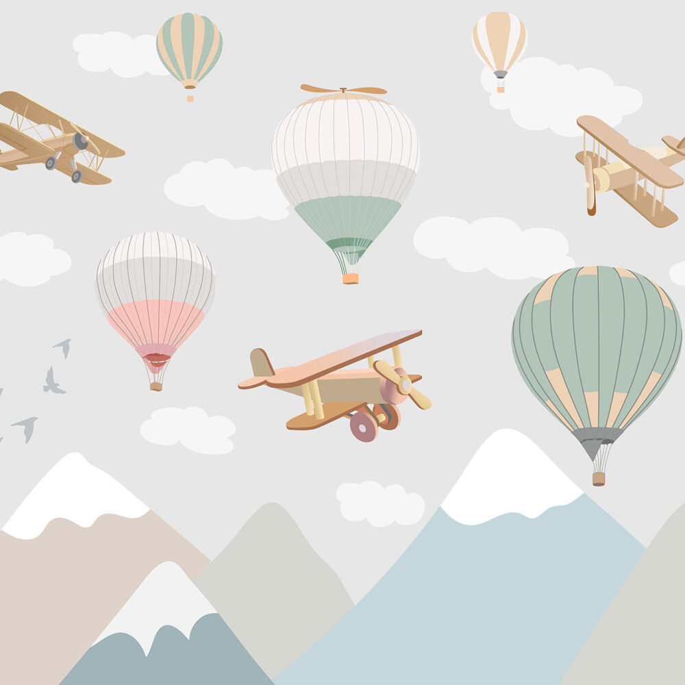 Carta da parati bambini Montagne con aerei e mongolfiere