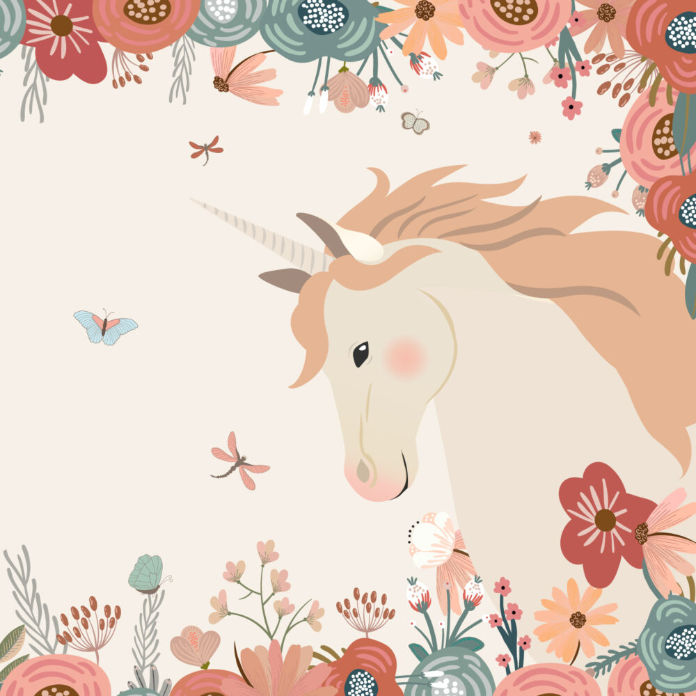 Carta da parati bambini Un unicorno e una libellula