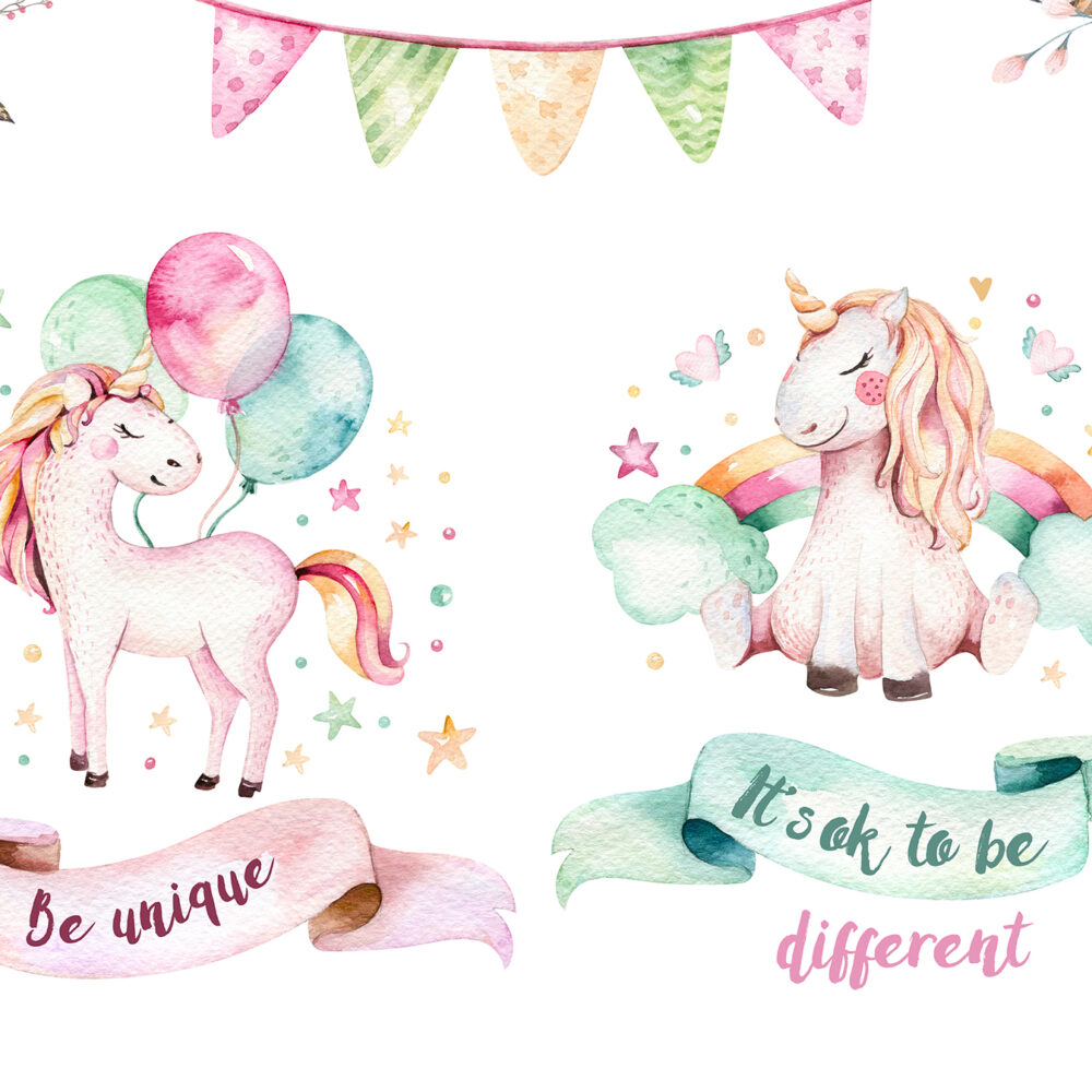 Carta da parati bambini Unicorni con palloncini e arcobaleni