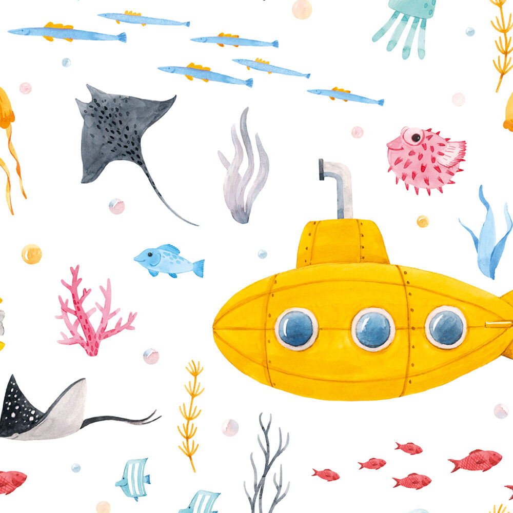 Carta da parati bambini Un disegno con un sottomarino giallo