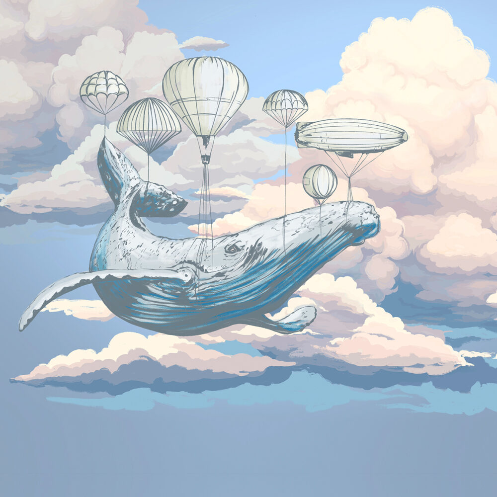 Una balena su palloncini