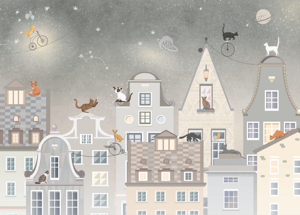 Carta da parati per bambini Gatti cittadini sotto il cielo notturno