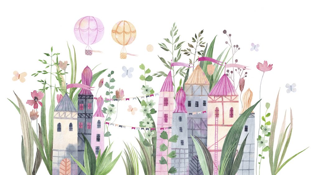 Carta da parati per bambini Volo sopra la città rosa