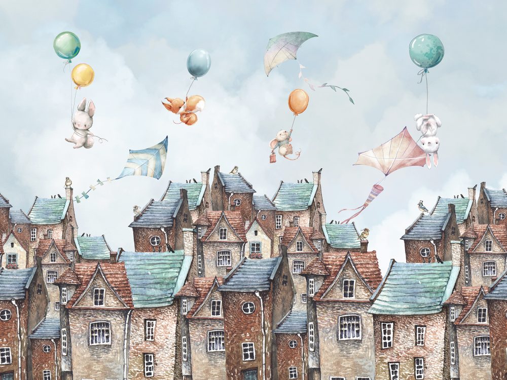 Carta da parati per bambini Tetti delle case e simpatici animaletti